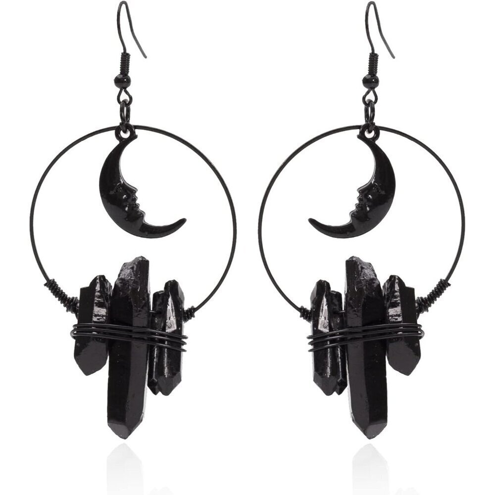 Crescent Moon Quartz Crystal Dangle Earrings Gothic Boho Women's Jewelry